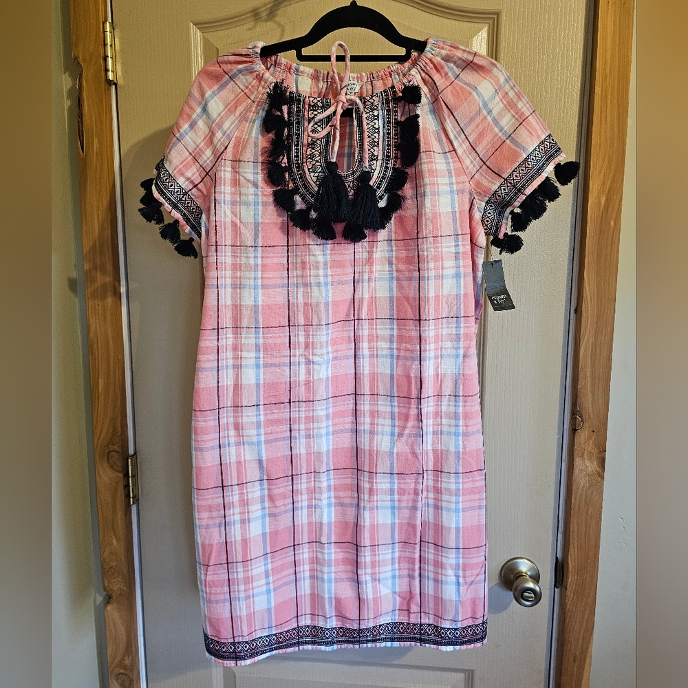 NWT Crown & Ivy Pink And White Checkered Dress With Navy Blue Tassel Decoration